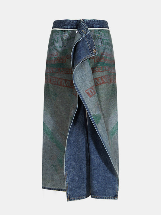 Reversible Slit Printed Denim Skirt